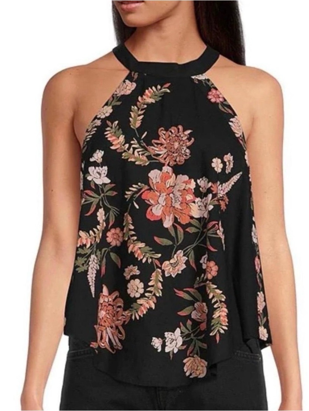 Free People Black Halter Floral Camisole in Pink and White